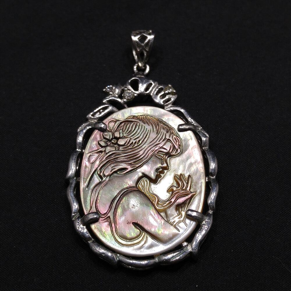 Cameo Abalone Shell Pendant, Three Rhinestones, 1970s Vintage Jewelry